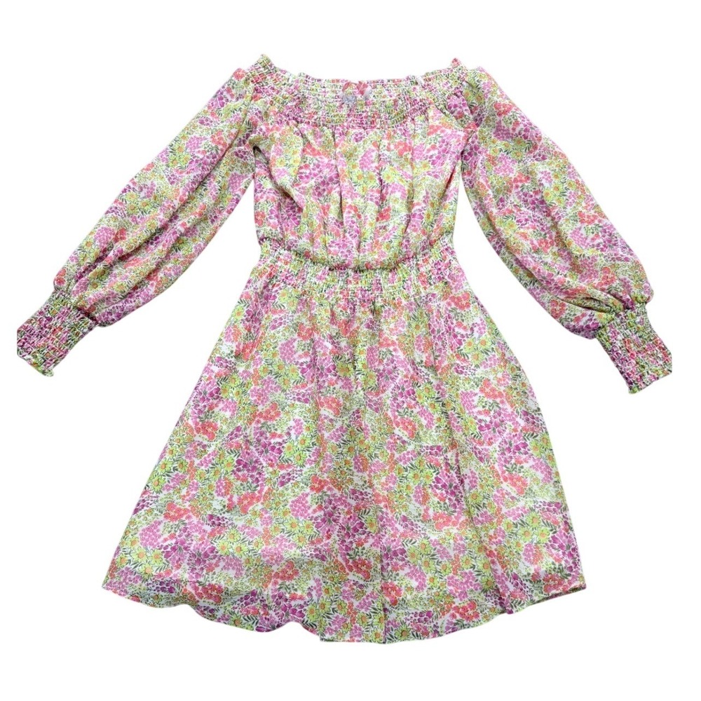 Leyden Womens Floral Smocked Off Shoulder Mini Dress Pink Orange Green Small